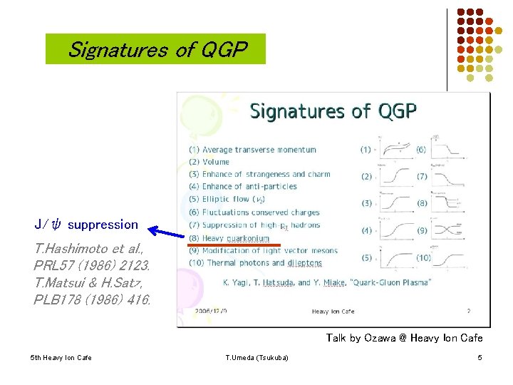 Signatures of QGP J/ψ suppression T. Hashimoto et al. , PRL 57 (1986) 2123.