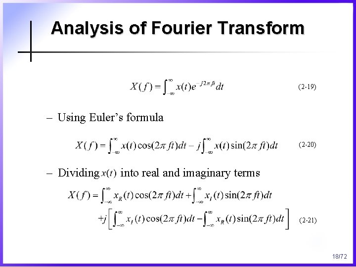 Analysis of Fourier Transform (2 -19) – Using Euler’s formula (2 -20) – Dividing