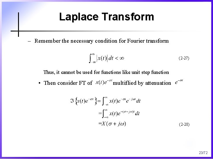 Laplace Transform – Remember the necessary condition for Fourier transform (2 -27) Thus, it