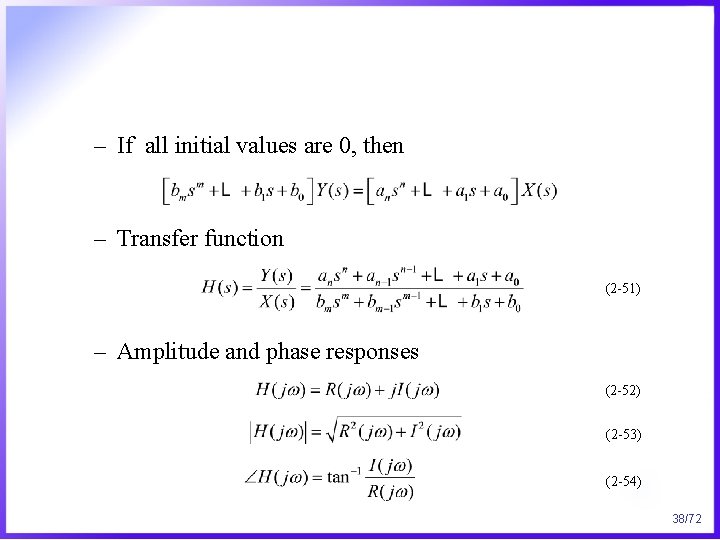 – If all initial values are 0, then – Transfer function (2 -51) –