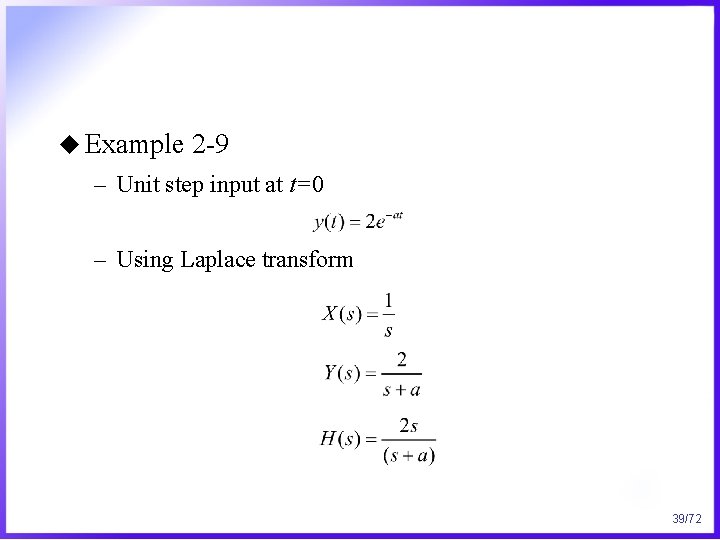 u Example 2 -9 – Unit step input at t=0 – Using Laplace transform