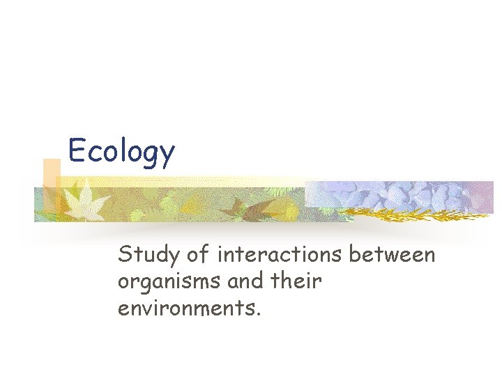 Ecology Study of interactions between organisms and their environments. 