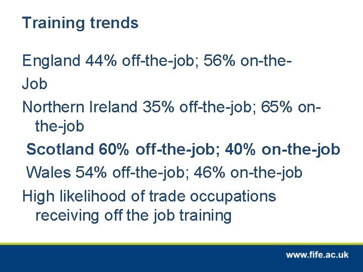 Training trends England 44% off-the-job; 56% on-the. Job Northern Ireland 35% off-the-job; 65% onthe-job