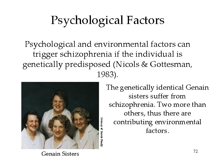 Psychological Factors Psychological and environmental factors can trigger schizophrenia if the individual is genetically