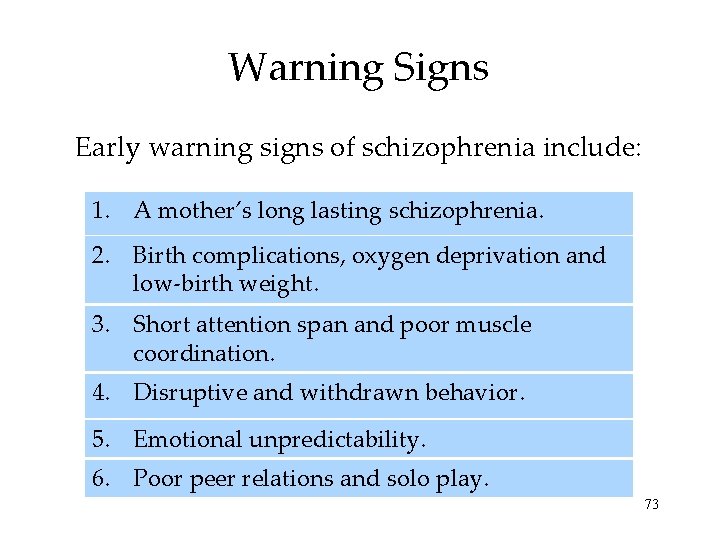 Warning Signs Early warning signs of schizophrenia include: 1. A mother’s long lasting schizophrenia.