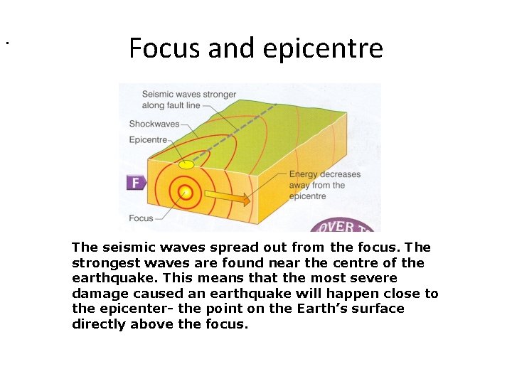 . Focus and epicentre The seismic waves spread out from the focus. The strongest