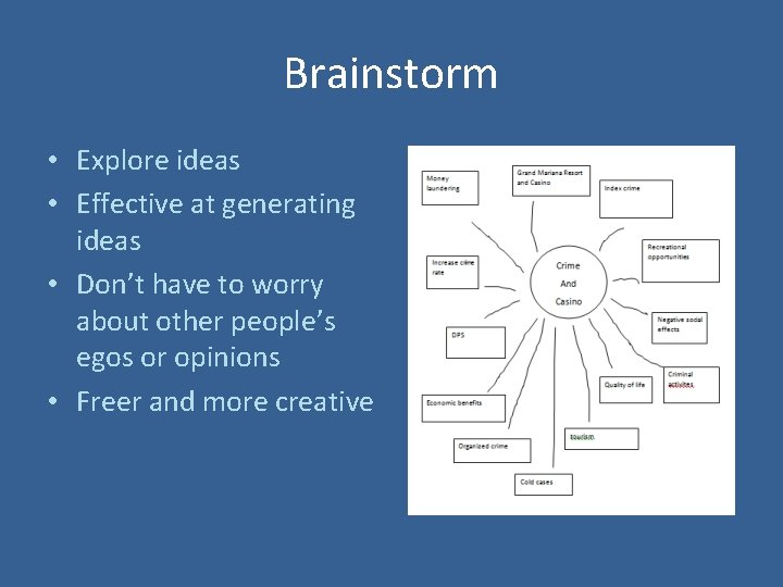 Brainstorm • Explore ideas • Effective at generating ideas • Don’t have to worry