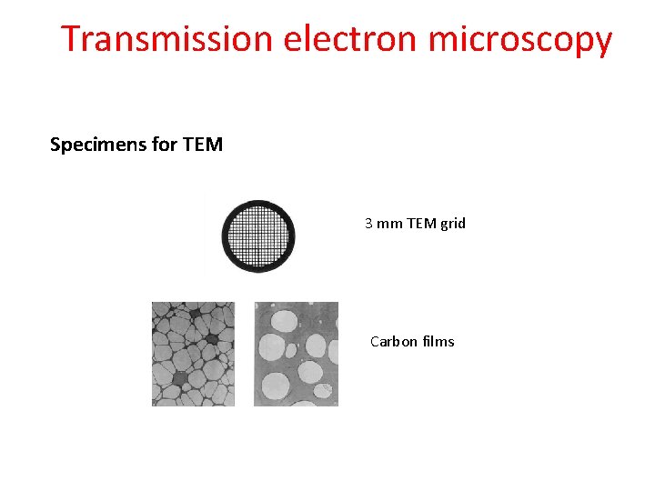 Transmission electron microscopy Specimens for TEM 3 mm TEM grid Carbon films 