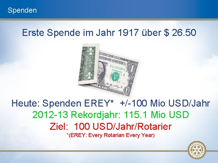 Spenden Erste Spende im Jahr 1917 über $ 26. 50 Heute: Spenden EREY* +/-100