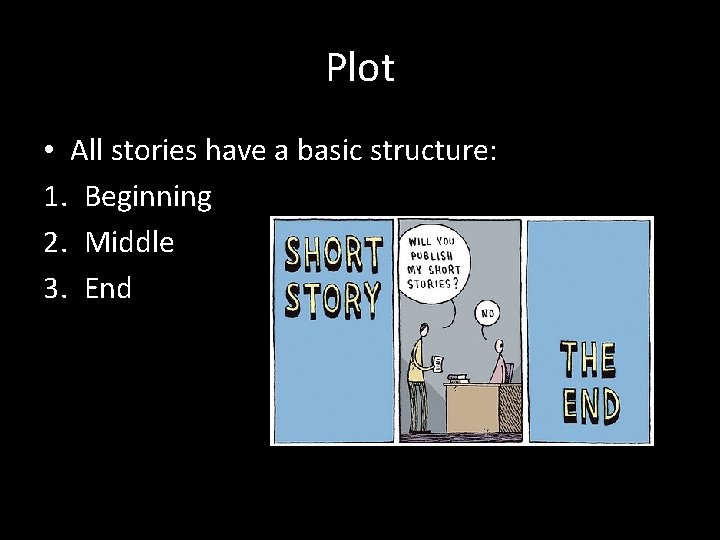 Plot • All stories have a basic structure: 1. Beginning 2. Middle 3. End