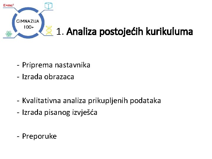 1. Analiza postojećih kurikuluma - Priprema nastavnika - Izrada obrazaca - Kvalitativna analiza prikupljenih