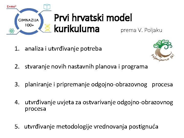 Prvi hrvatski model kurikuluma prema V. Poljaku 1. analiza i utvrđivanje potreba 2. stvaranje