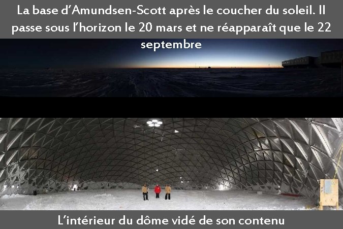 La base d’Amundsen-Scott après le coucher du soleil. Il passe sous l’horizon le 20