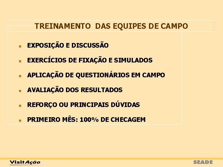 TREINAMENTO DAS EQUIPES DE CAMPO EXPOSIÇÃO E DISCUSSÃO EXERCÍCIOS DE FIXAÇÃO E SIMULADOS APLICAÇÃO