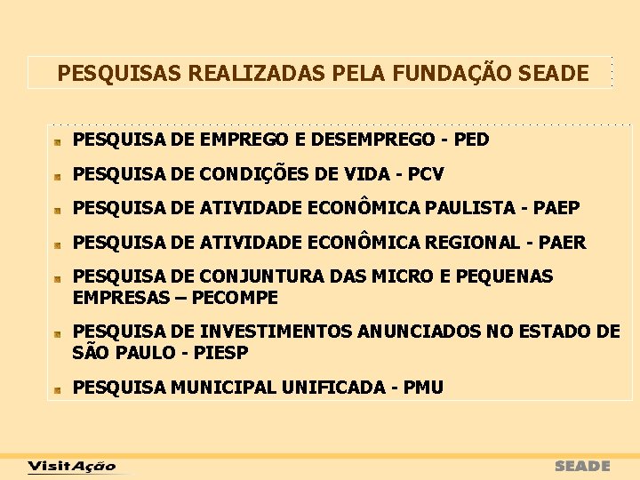 PESQUISAS REALIZADAS PELA FUNDAÇÃO SEADE PESQUISA DE EMPREGO E DESEMPREGO - PED PESQUISA DE