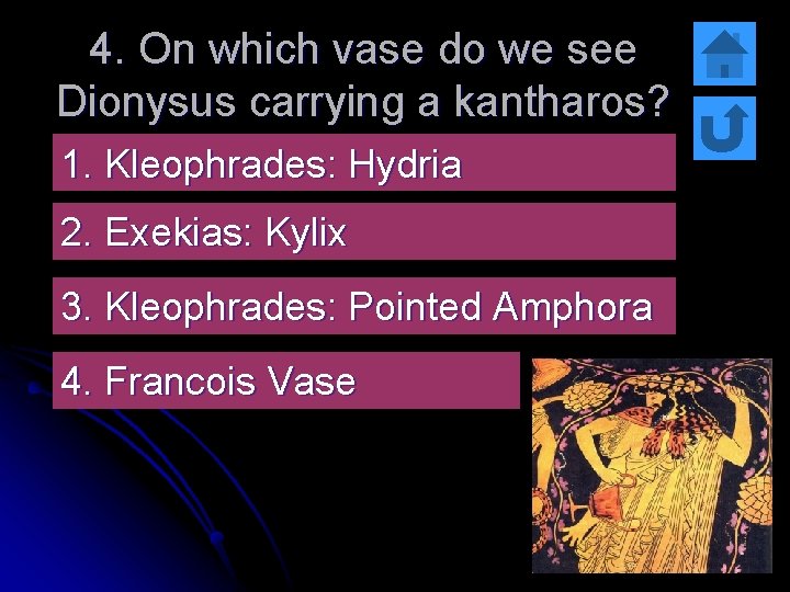 4. On which vase do we see Dionysus carrying a kantharos? 1. Kleophrades: Hydria