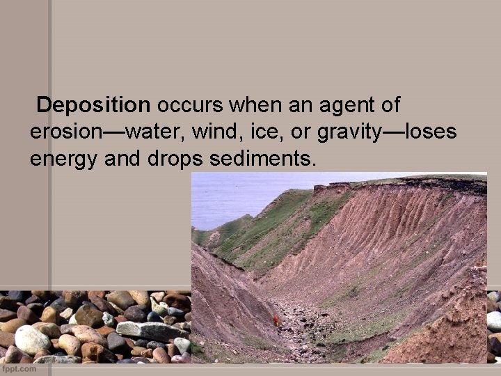 Deposition occurs when an agent of erosion—water, wind, ice, or gravity—loses energy and drops