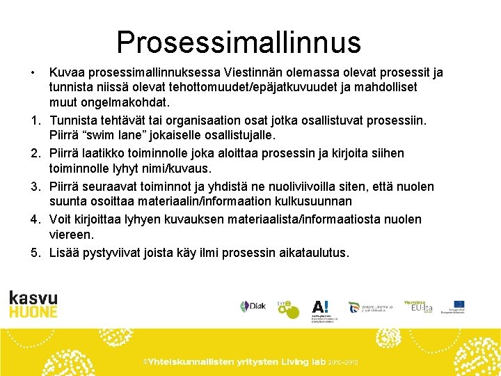 Prosessimallinnus • 1. 2. 3. 4. 5. Kuvaa prosessimallinnuksessa Viestinnän olemassa olevat prosessit ja