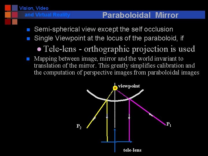 Vision, Video Paraboloidal Mirror and Virtual Reality n n n Semi-spherical view except the