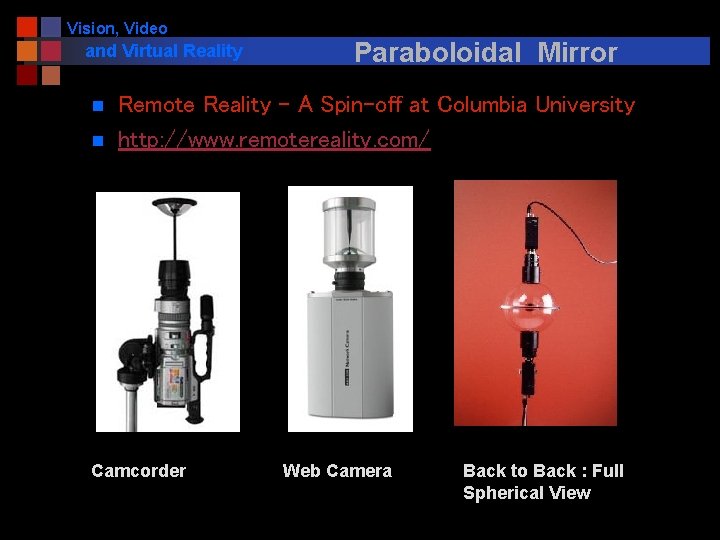 Vision, Video and Virtual Reality n n Paraboloidal Mirror Remote Reality – A Spin-off
