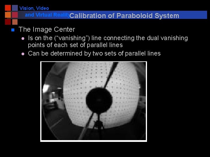 Vision, Video and Virtual Reality. Calibration n of Paraboloid System The Image Center l