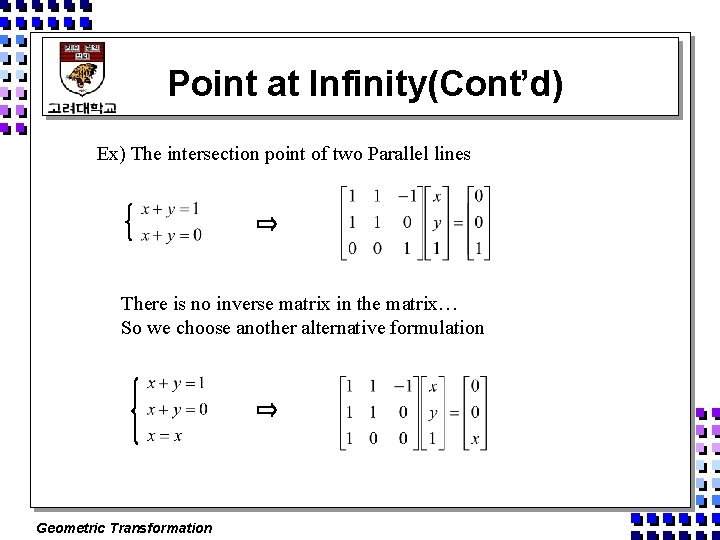 Point at Infinity(Cont’d) Ex) The intersection point of two Parallel lines There is no