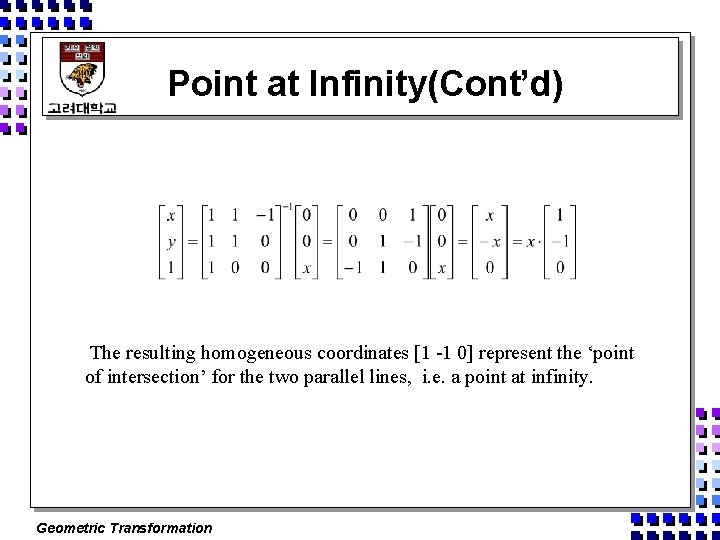 Point at Infinity(Cont’d) The resulting homogeneous coordinates [1 -1 0] represent the ‘point of