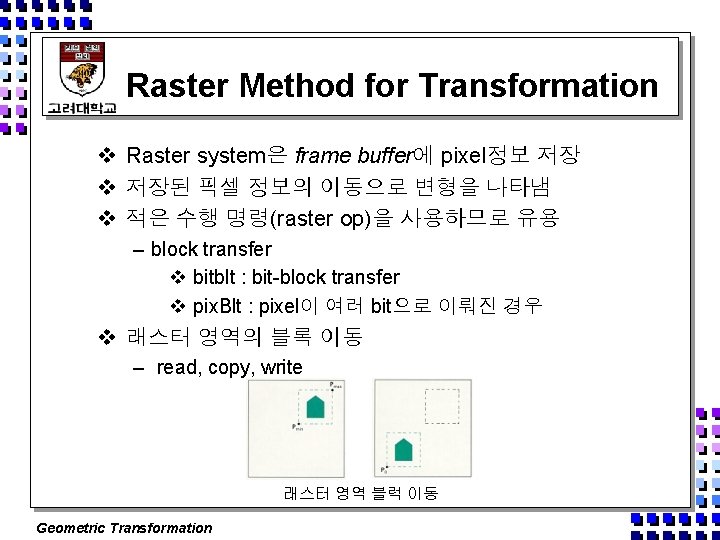 Raster Method for Transformation v Raster system은 frame buffer에 pixel정보 저장 v 저장된 픽셀