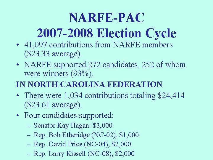 NARFE-PAC 2007 -2008 Election Cycle • 41, 097 contributions from NARFE members ($23. 33