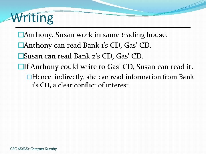 Writing �Anthony, Susan work in same trading house. �Anthony can read Bank 1’s CD,
