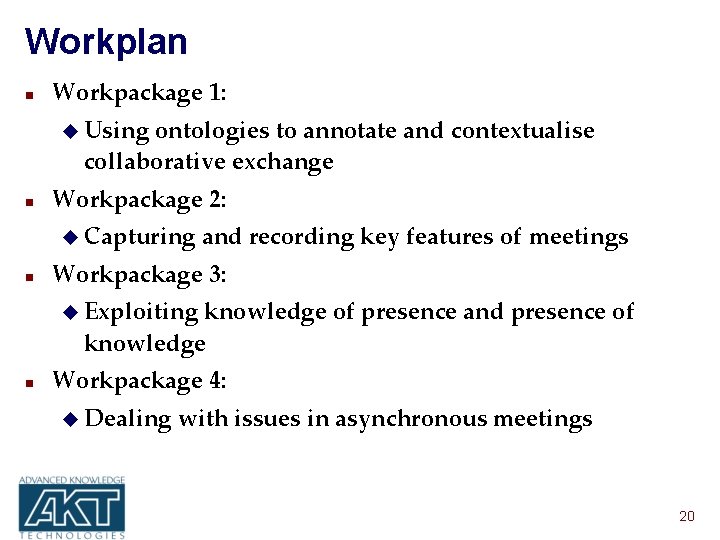 Workplan n Workpackage 1: u Using ontologies to annotate and contextualise collaborative exchange n