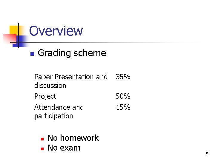 Overview n Grading scheme Paper Presentation and discussion 35% Project 50% Attendance and participation