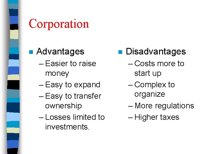 Corporation n Advantages – Easier to raise money – Easy to expand – Easy