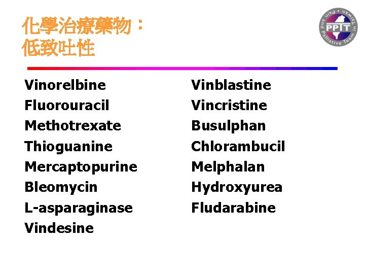 化學治療藥物： 低致吐性 Vinorelbine Fluorouracil Methotrexate Thioguanine Mercaptopurine Bleomycin L-asparaginase Vindesine Vinblastine Vincristine Busulphan Chlorambucil