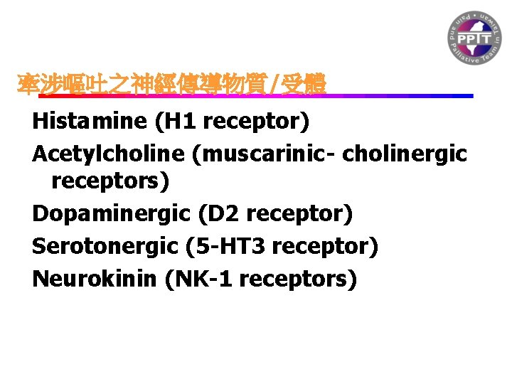 牽涉嘔吐之神經傳導物質/受體 Histamine (H 1 receptor) Acetylcholine (muscarinic- cholinergic receptors) Dopaminergic (D 2 receptor) Serotonergic