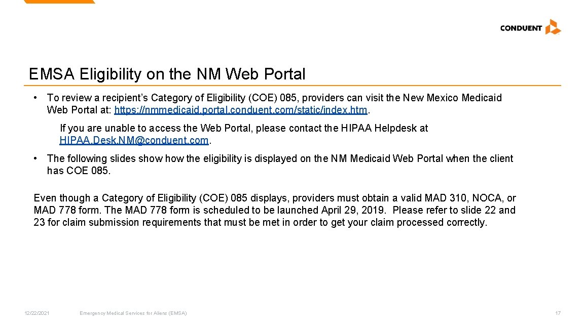 EMSA Eligibility on the NM Web Portal • To review a recipient’s Category of EMSA Eligibility on the NM Web Portal • To review a recipient’s Category of