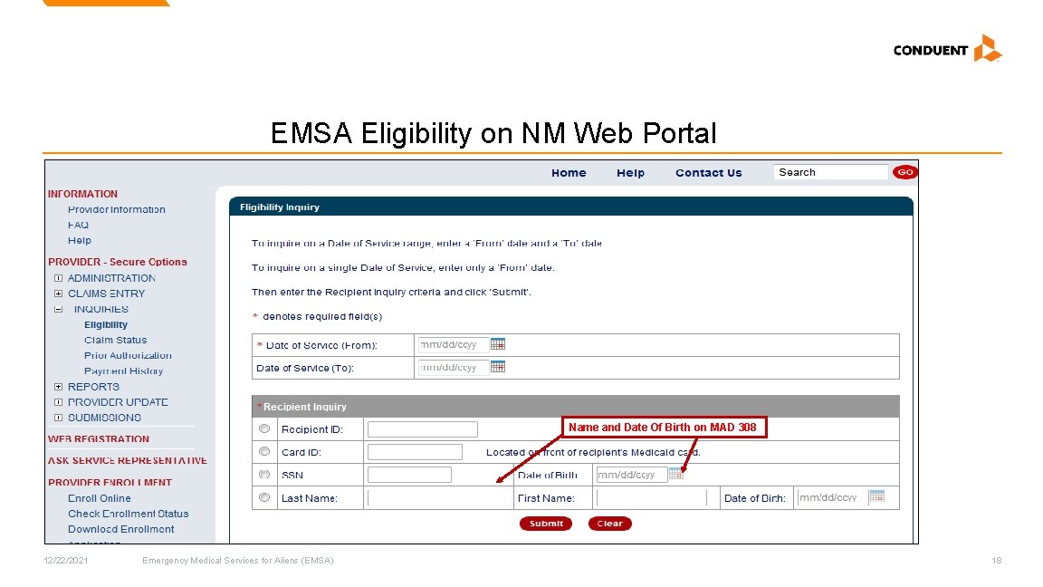 EMSA Eligibility on NM Web Portal Name and Date Of Birth on MAD 308 EMSA Eligibility on NM Web Portal Name and Date Of Birth on MAD 308