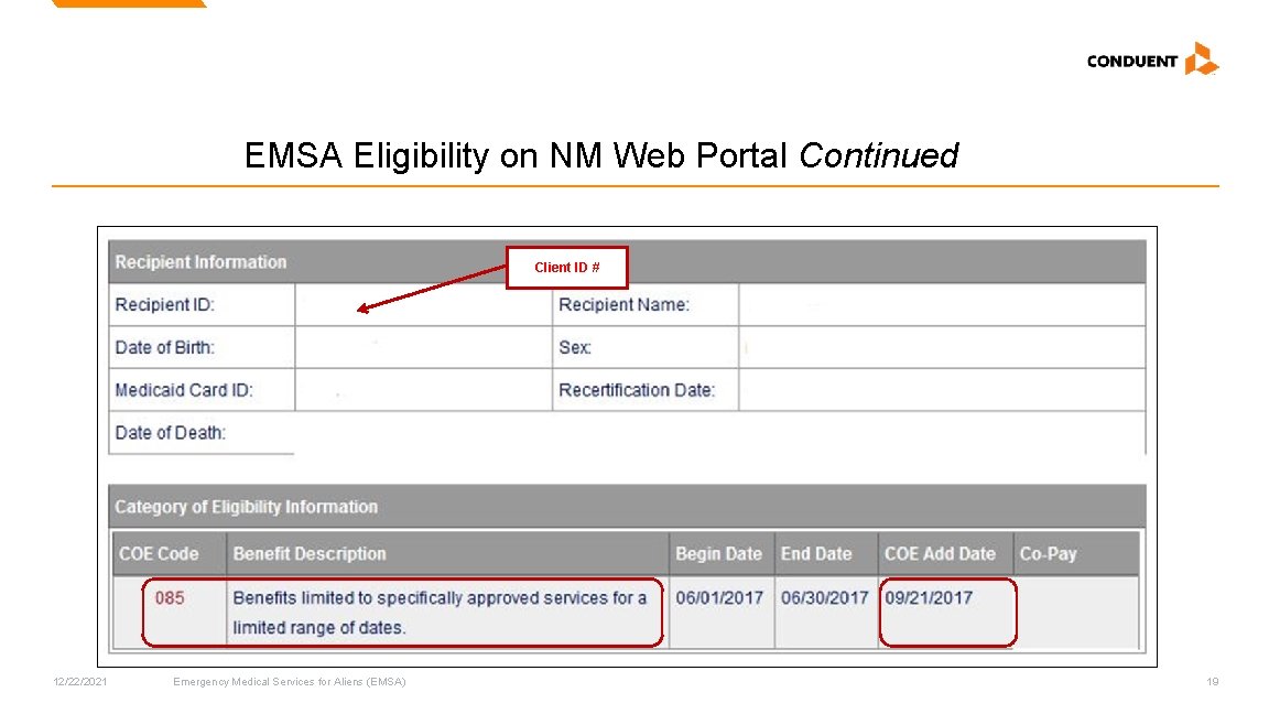 EMSA Eligibility on NM Web Portal Continued Client ID # 12/22/2021 Emergency Medical Services EMSA Eligibility on NM Web Portal Continued Client ID # 12/22/2021 Emergency Medical Services