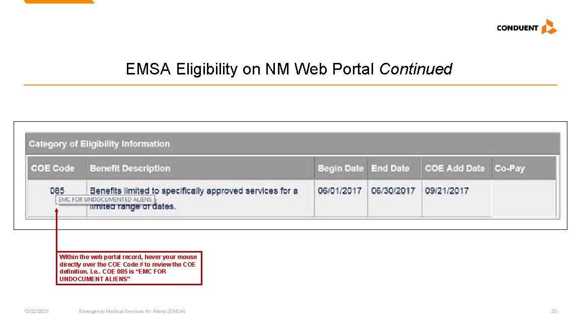 EMSA Eligibility on NM Web Portal Continued Within the web portal record, hover your EMSA Eligibility on NM Web Portal Continued Within the web portal record, hover your