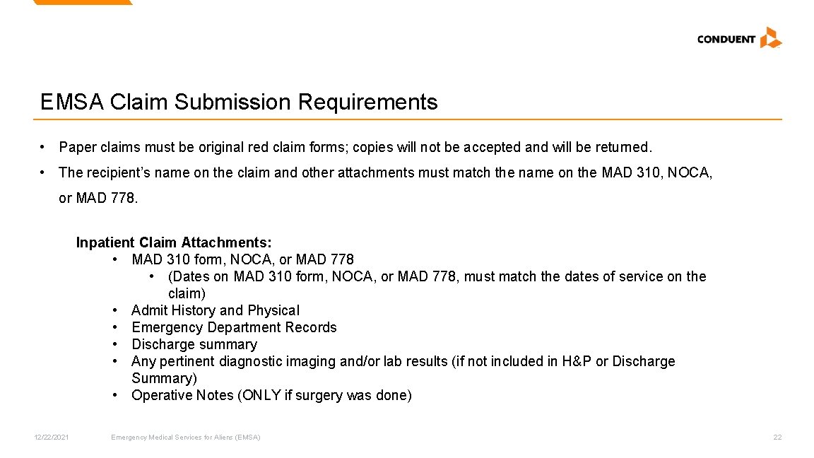 EMSA Claim Submission Requirements • Paper claims must be original red claim forms; copies EMSA Claim Submission Requirements • Paper claims must be original red claim forms; copies