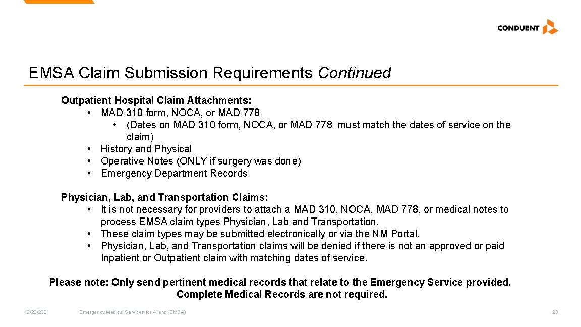 EMSA Claim Submission Requirements Continued Outpatient Hospital Claim Attachments: • MAD 310 form, NOCA, EMSA Claim Submission Requirements Continued Outpatient Hospital Claim Attachments: • MAD 310 form, NOCA,