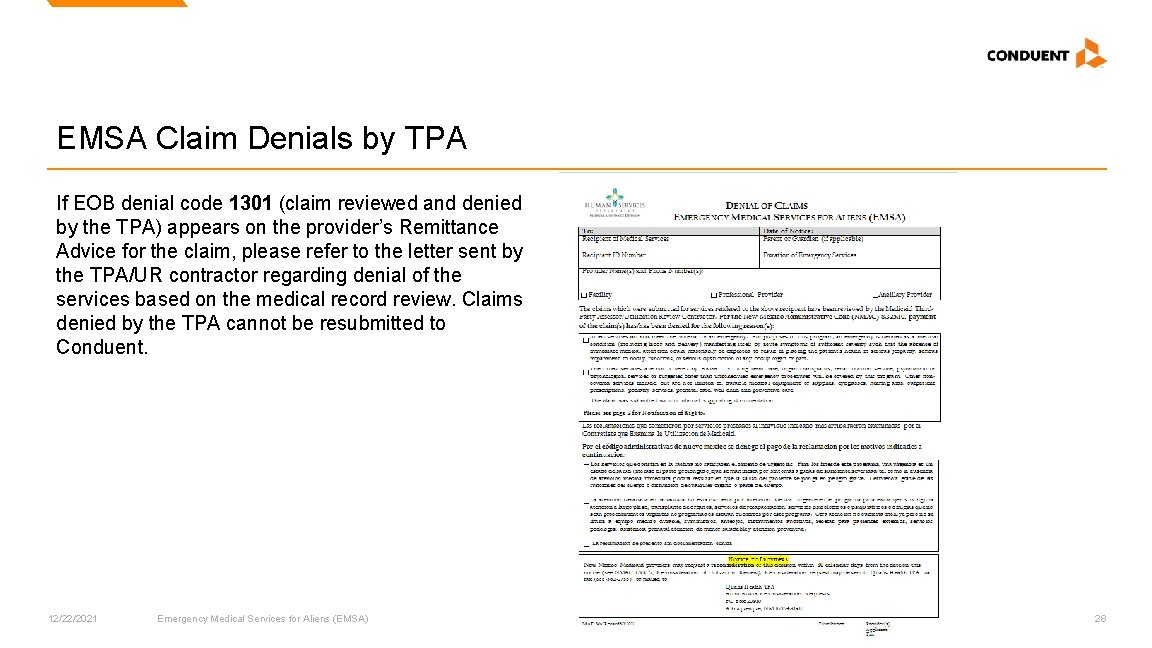 EMSA Claim Denials by TPA If EOB denial code 1301 (claim reviewed and denied EMSA Claim Denials by TPA If EOB denial code 1301 (claim reviewed and denied