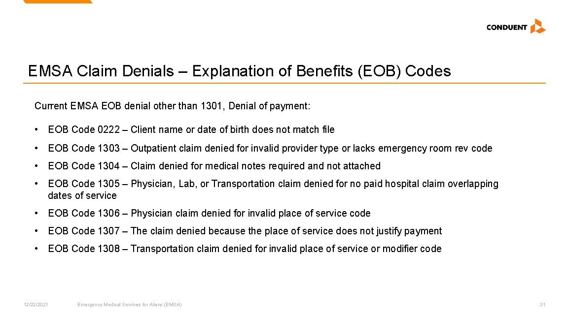 EMSA Claim Denials – Explanation of Benefits (EOB) Codes Current EMSA EOB denial other EMSA Claim Denials – Explanation of Benefits (EOB) Codes Current EMSA EOB denial other