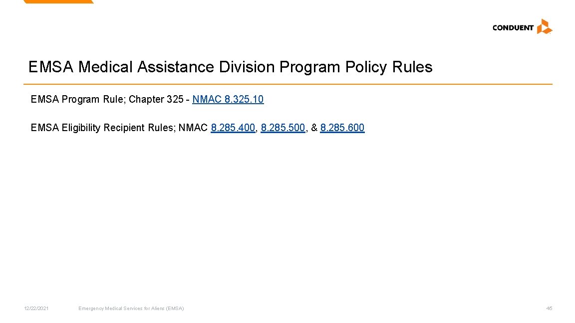 EMSA Medical Assistance Division Program Policy Rules EMSA Program Rule; Chapter 325 - NMAC EMSA Medical Assistance Division Program Policy Rules EMSA Program Rule; Chapter 325 - NMAC