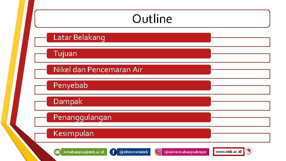 Outline Latar Belakang Tujuan Nikel dan Pencemaran Air Penyebab Dampak Penanggulangan Kesimpulan nusabangsa@unb. ac.