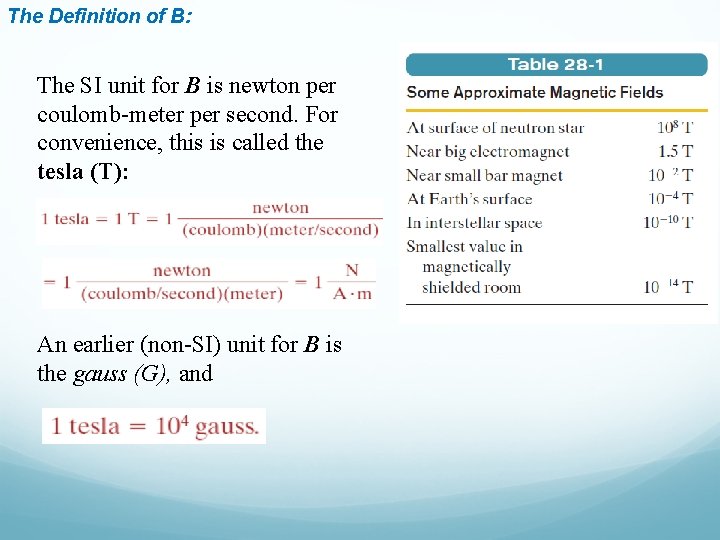 The Definition of B: The SI unit for B is newton per coulomb-meter per