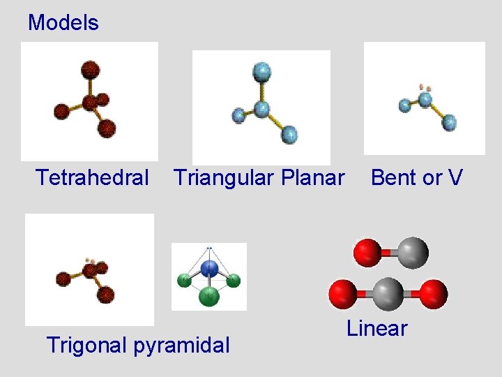 Models Tetrahedral Triangular Planar Trigonal pyramidal Bent or V Linear 