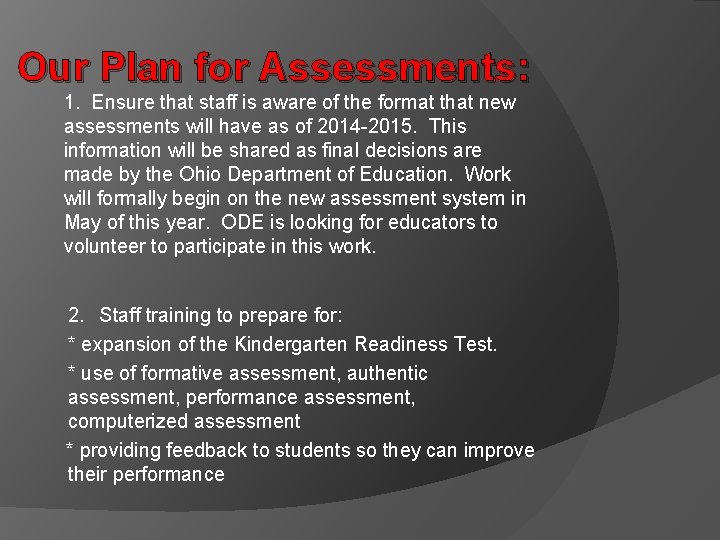 Our Plan for Assessments: 1. Ensure that staff is aware of the format that