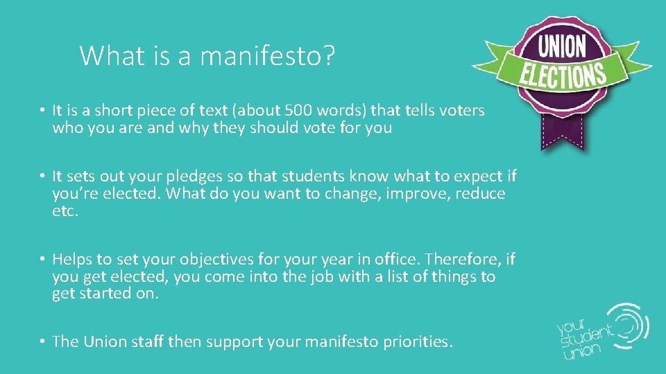 What is a manifesto? • It is a short piece of text (about 500