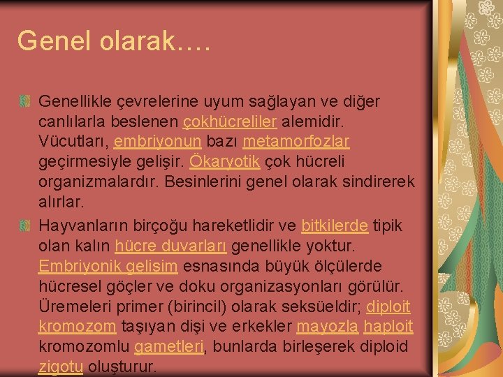 Genel olarak…. Genellikle çevrelerine uyum sağlayan ve diğer canlılarla beslenen çokhücreliler alemidir. Vücutları, embriyonun